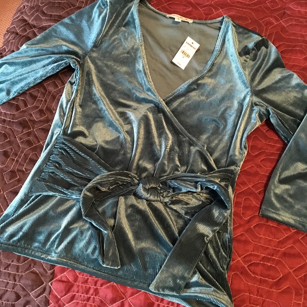 Express One Eleven Velvet Ribbed Surplice Top